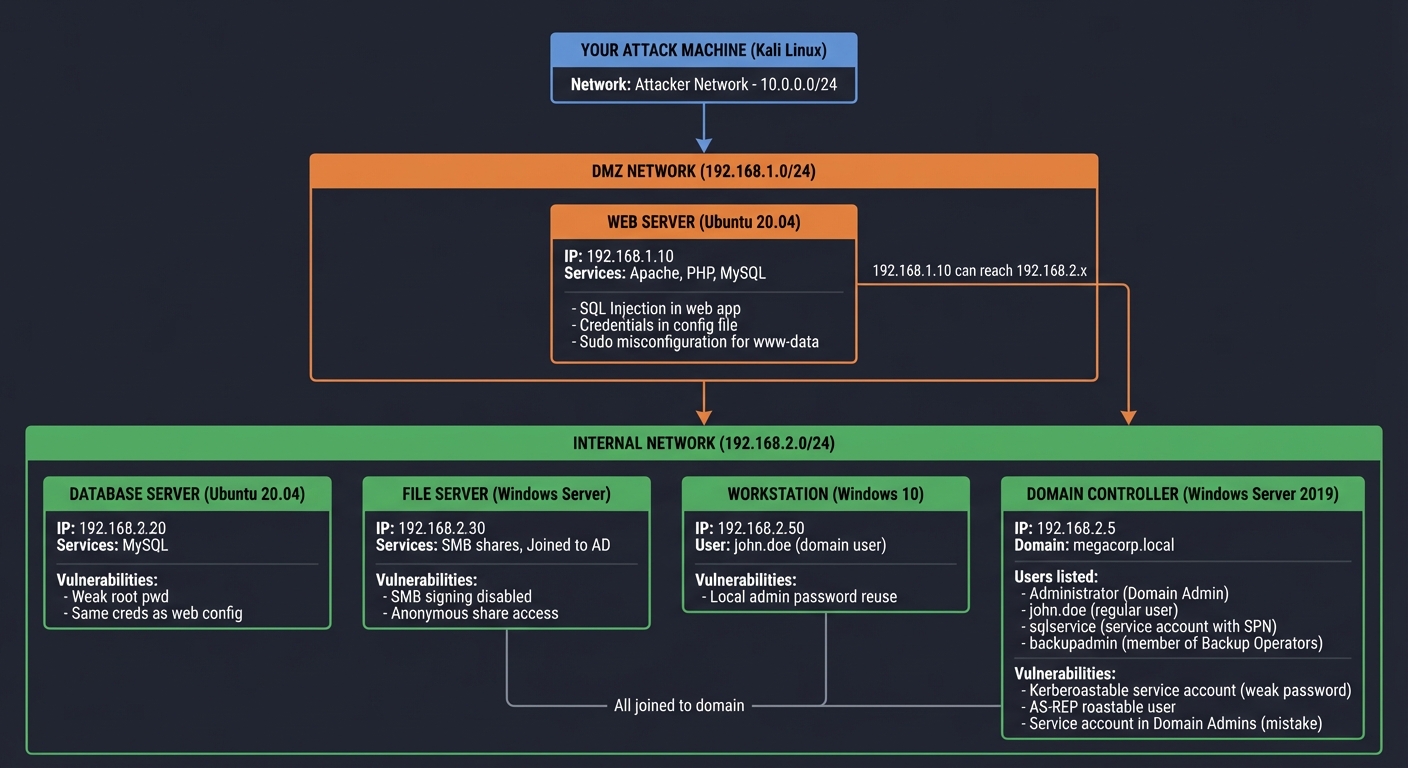 Vulnerable Lab Network Architecture - Multi-Tier Penetration Testing Environment