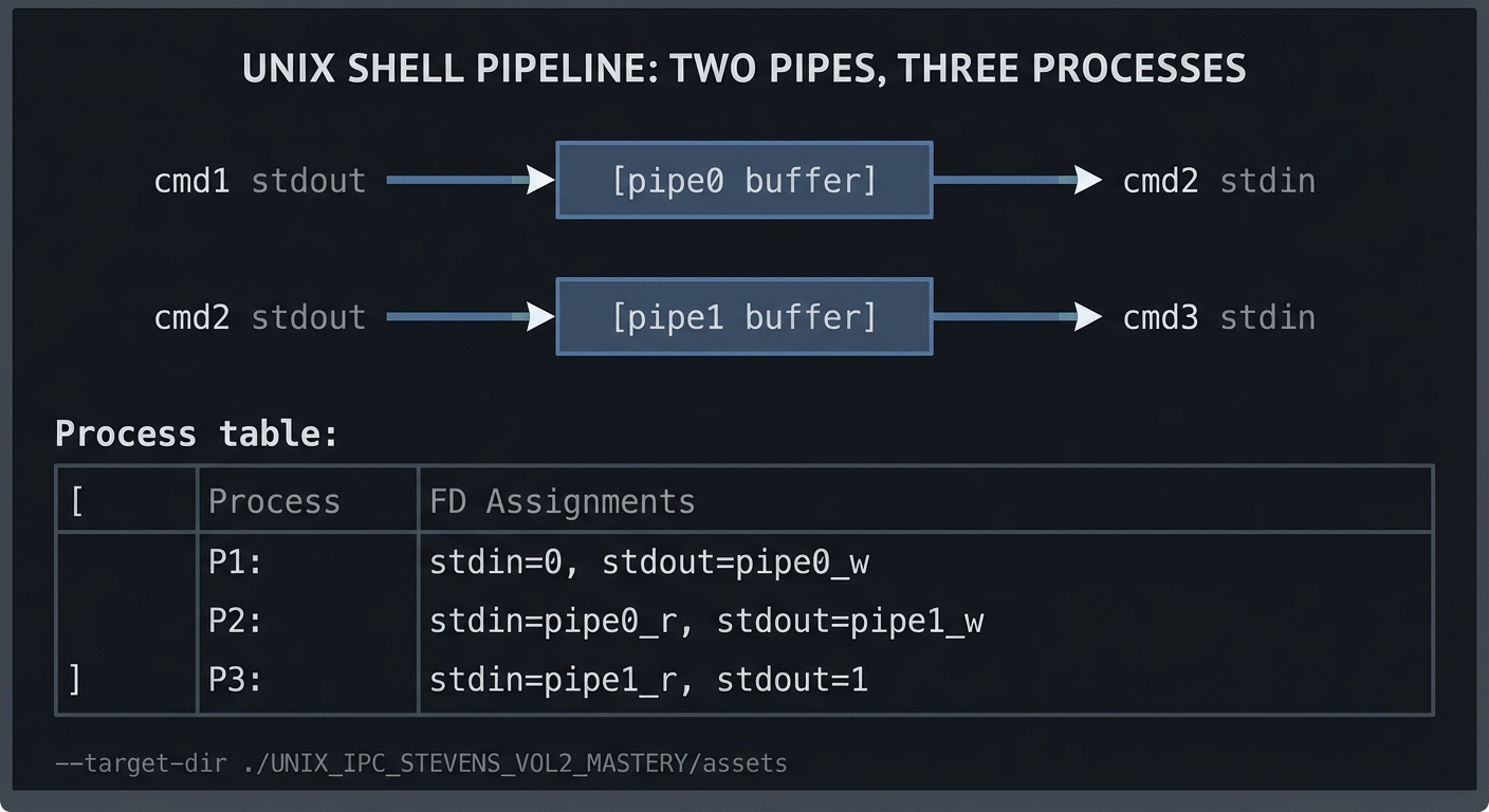 Shell pipeline buffers and process table
