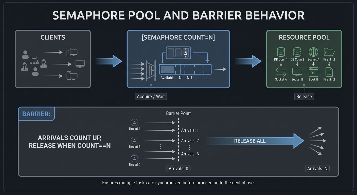Semaphore pool and barrier behavior