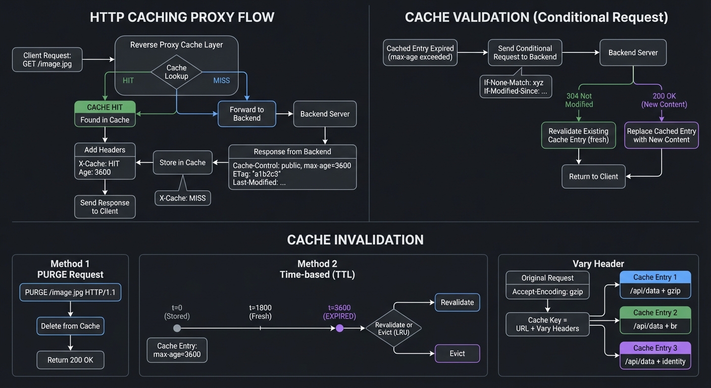 HTTP Caching Flow - cache hit/miss, validation with conditional requests, and invalidation strategies