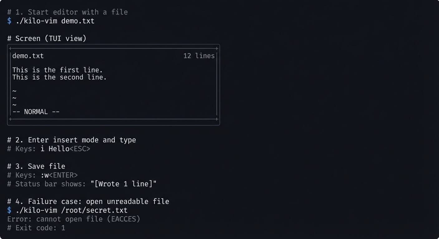 Kilo TUI example session