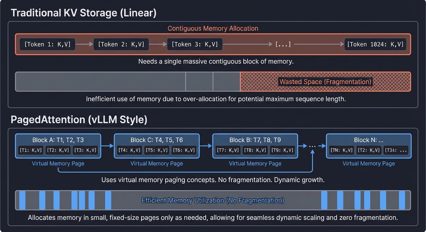 KV Cache Storage: Traditional vs PagedAttention