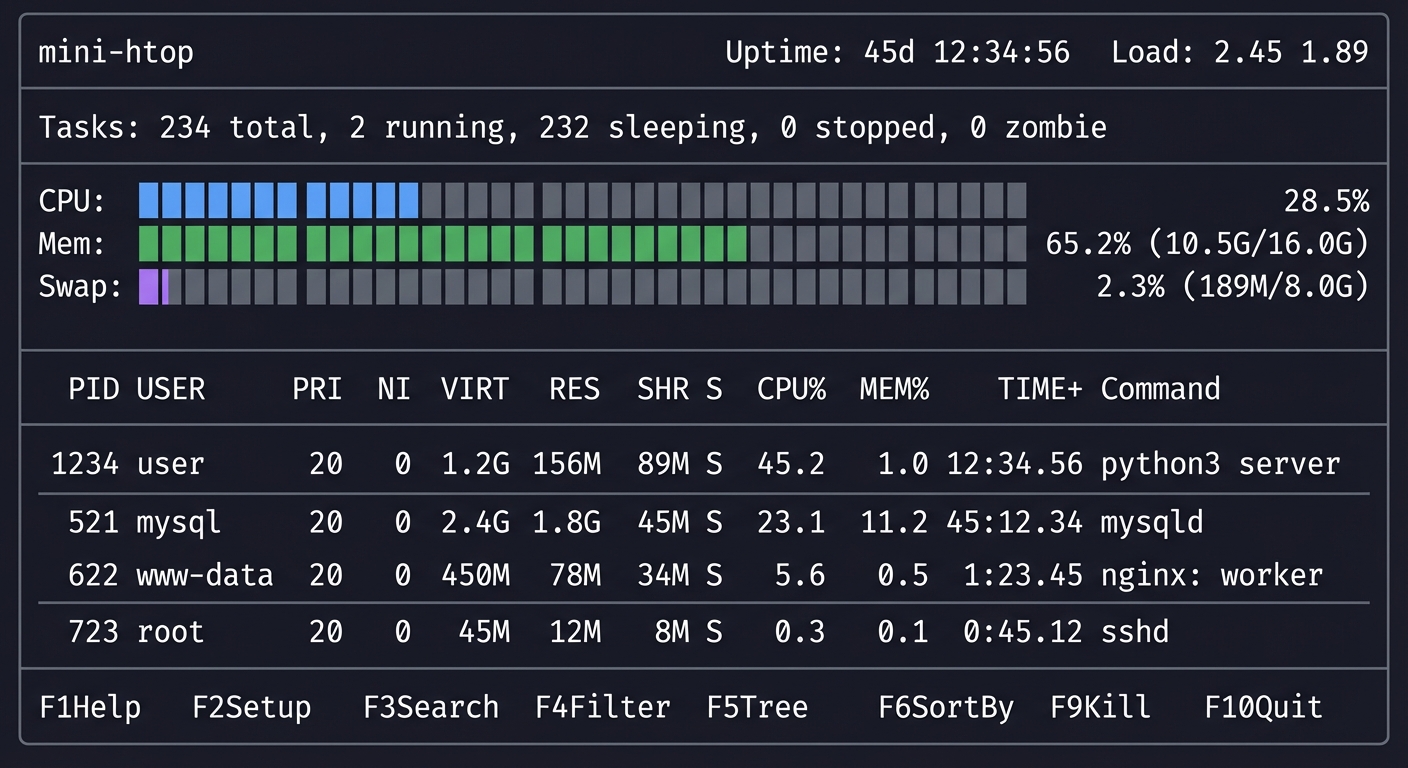 linux tools mini htop ui