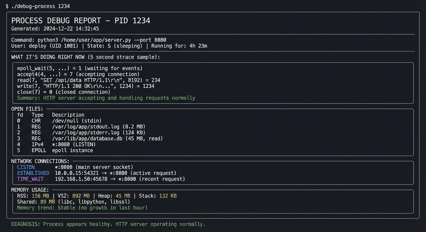 linux tools process debug report