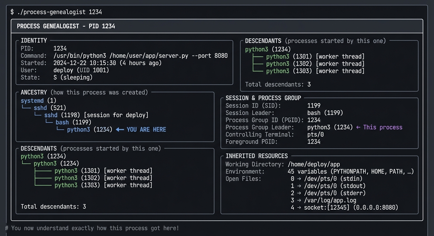 linux tools process genealogist report