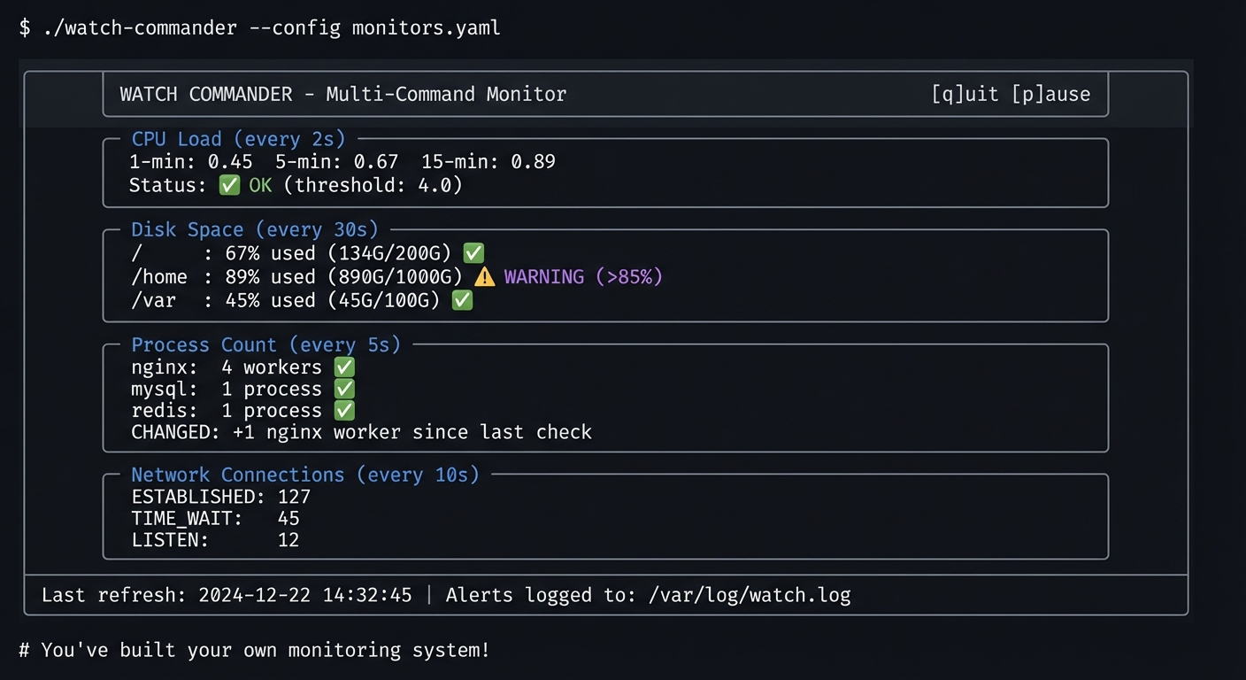 linux tools watch commander dashboard