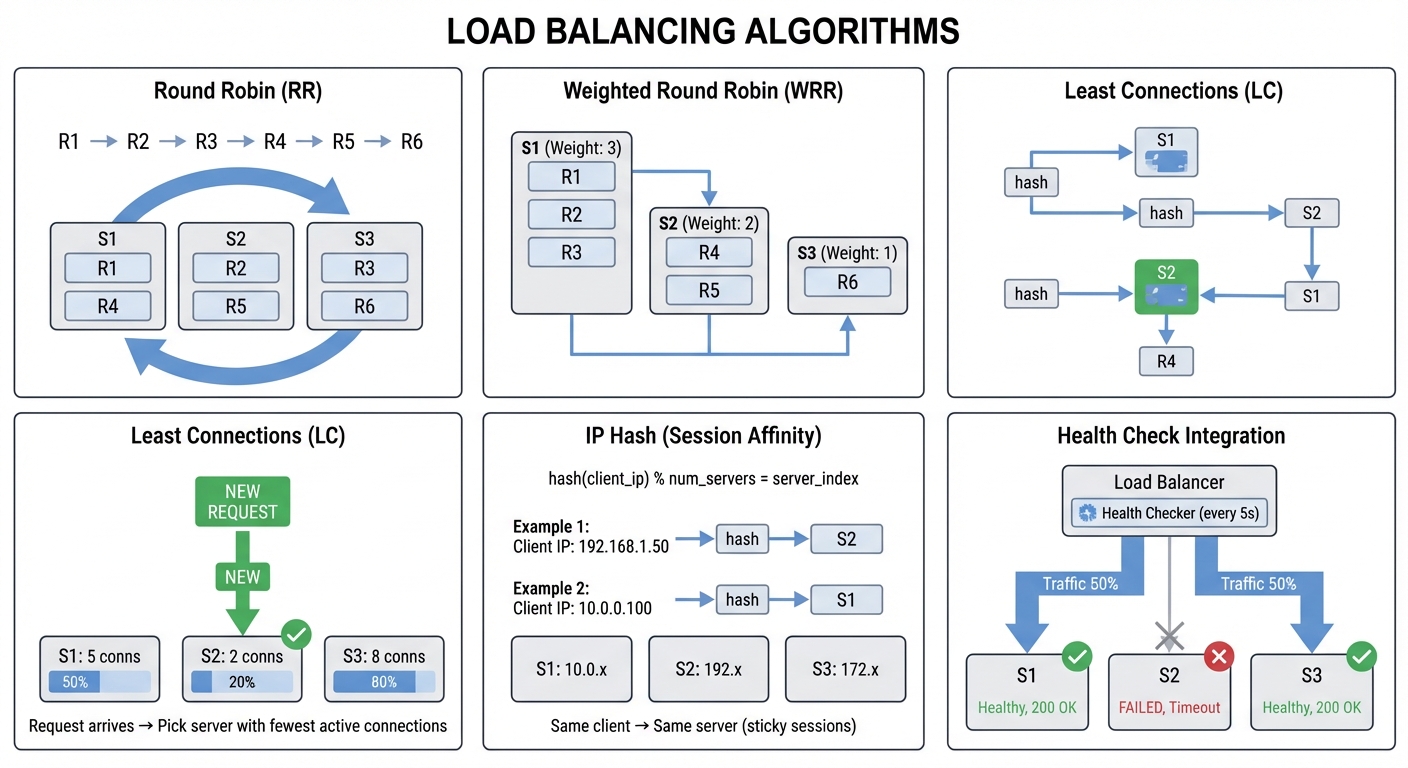 Load Balancing Algorithms - Round Robin, Weighted RR, Least Connections, IP Hash, and Health Checks