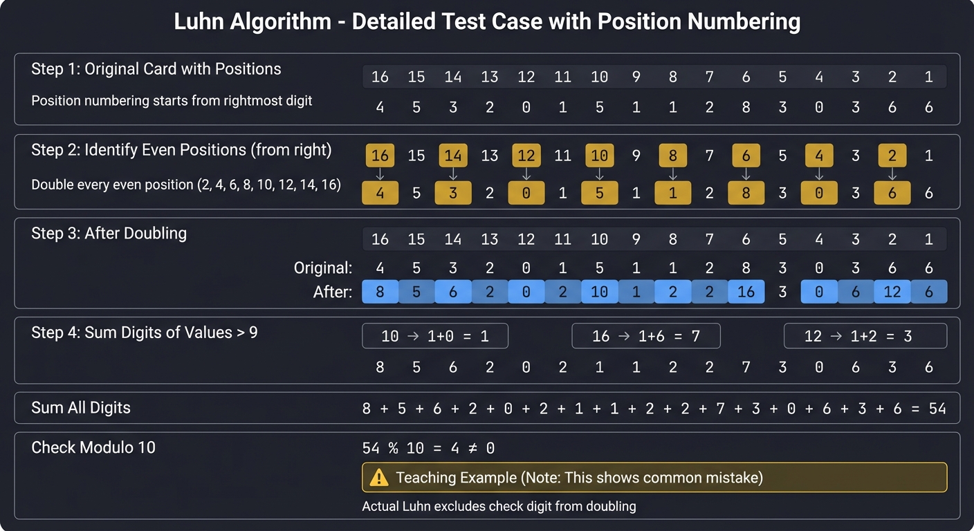 Luhn Algorithm Detailed Test Case with Position Numbering