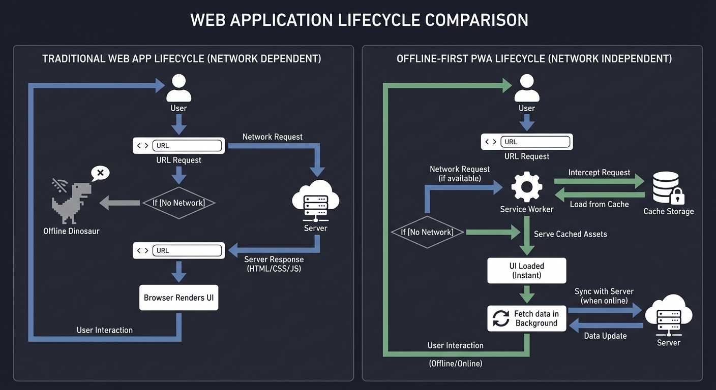 Traditional vs Offline-First PWA Lifecycle