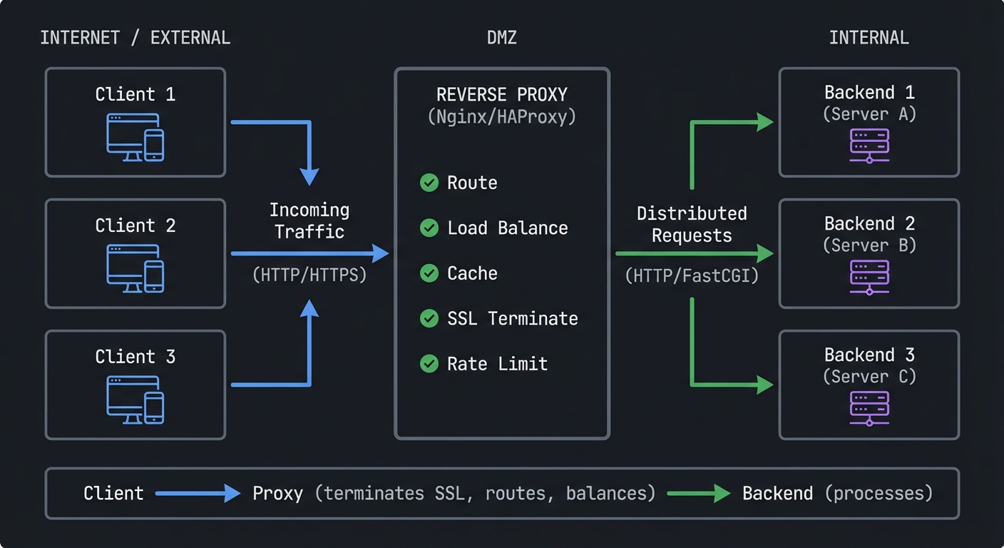 Reverse Proxy Architecture - showing client connections through proxy to backend servers