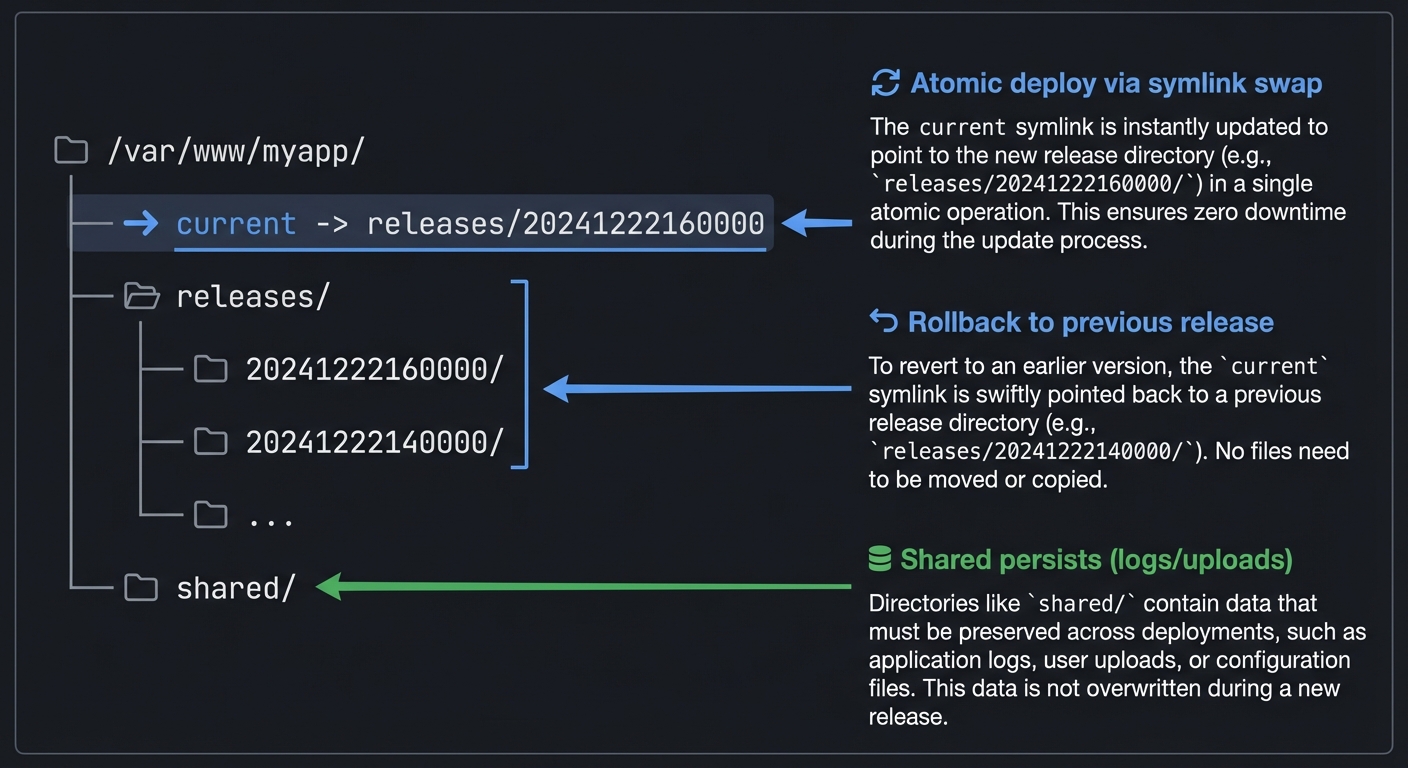 Deployment releases symlink layout diagram