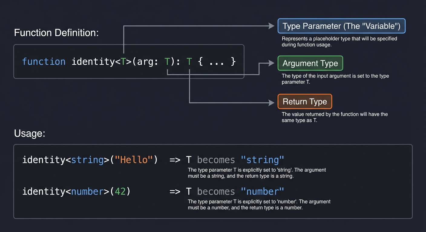 TypeScript Generics Anatomy - Function definition with type parameters and usage examples