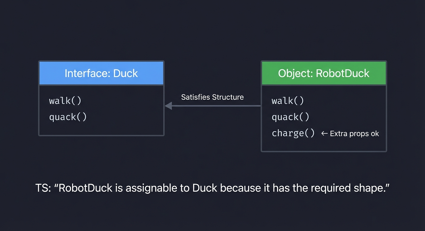 TypeScript Structural Typing - Duck typing concept showing interface compatibility