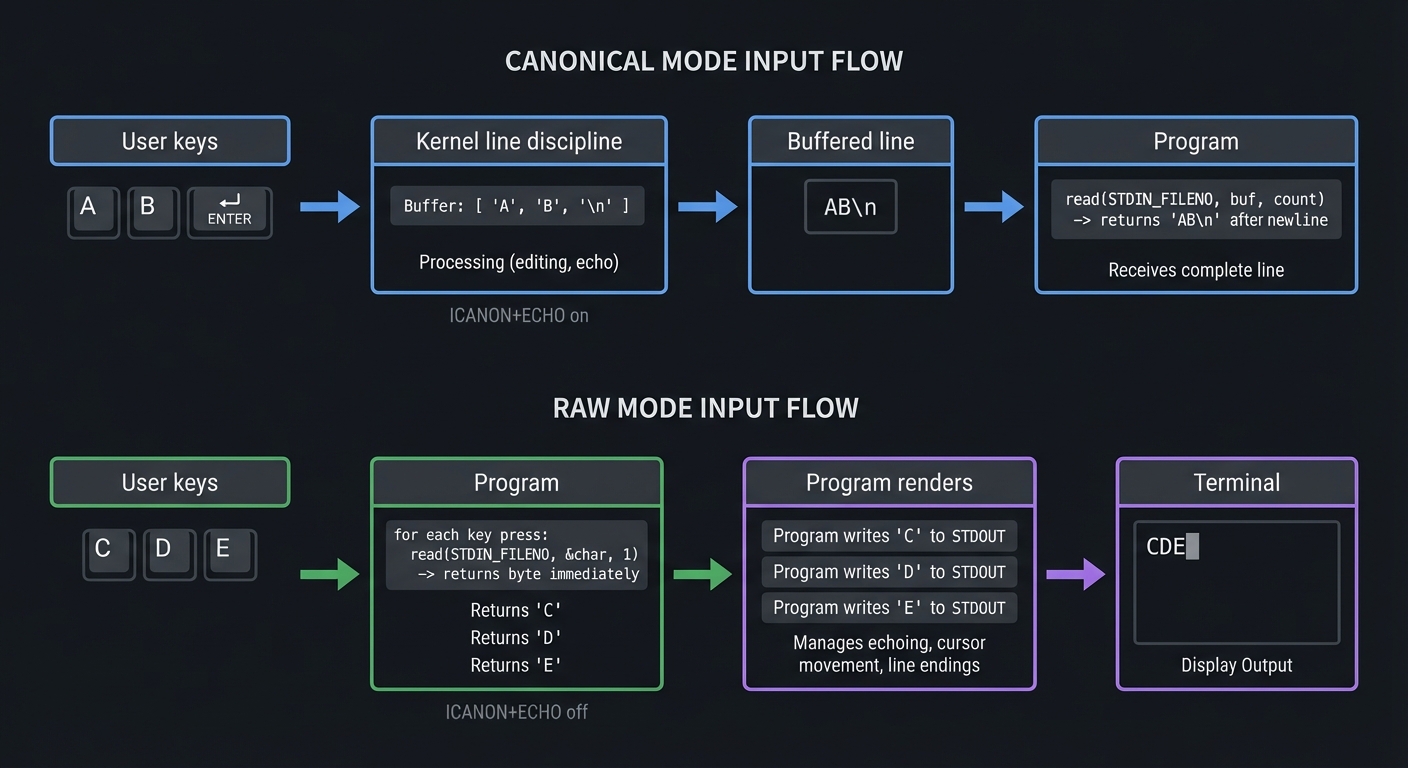 TTY canonical vs raw input flow