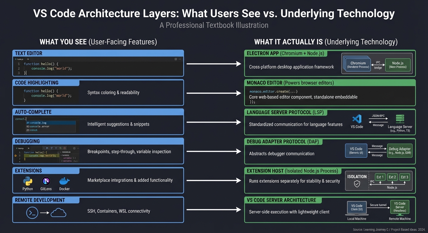 VS Code Architecture Layers - What Users See vs Underlying Technology