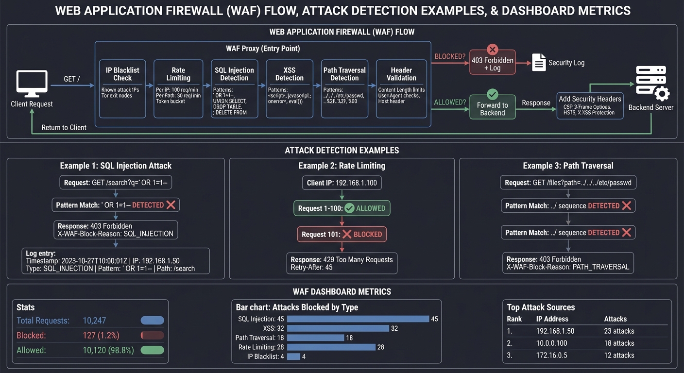 WAF Security Flow - inspection pipeline, attack detection examples, and dashboard metrics