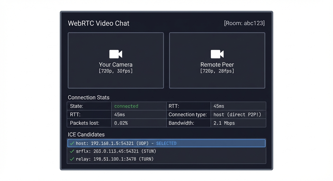 WebRTC Video Chat Interface with Connection Statistics